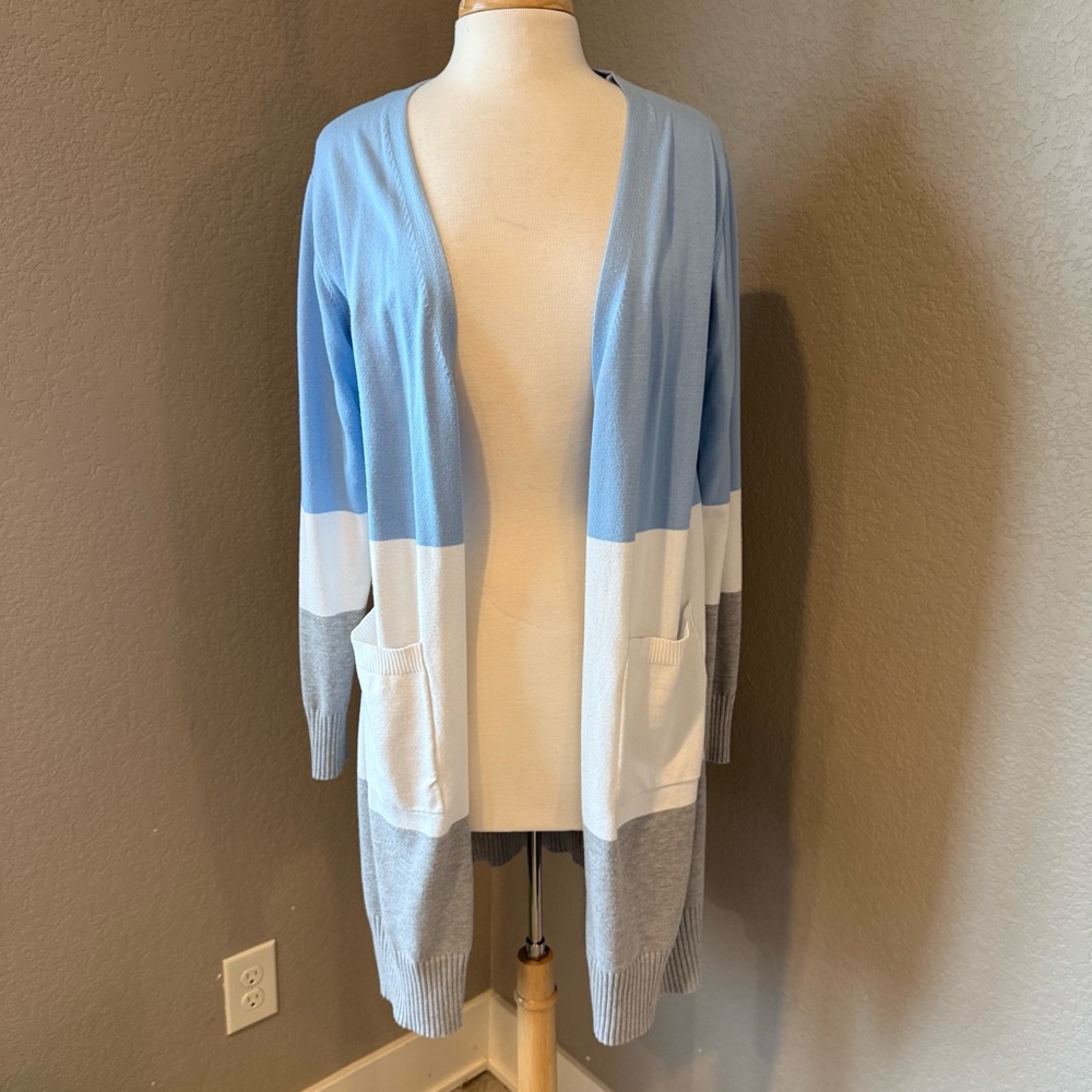 Colorblock Open Front Long Line Cardigan Blue White Grey Medium